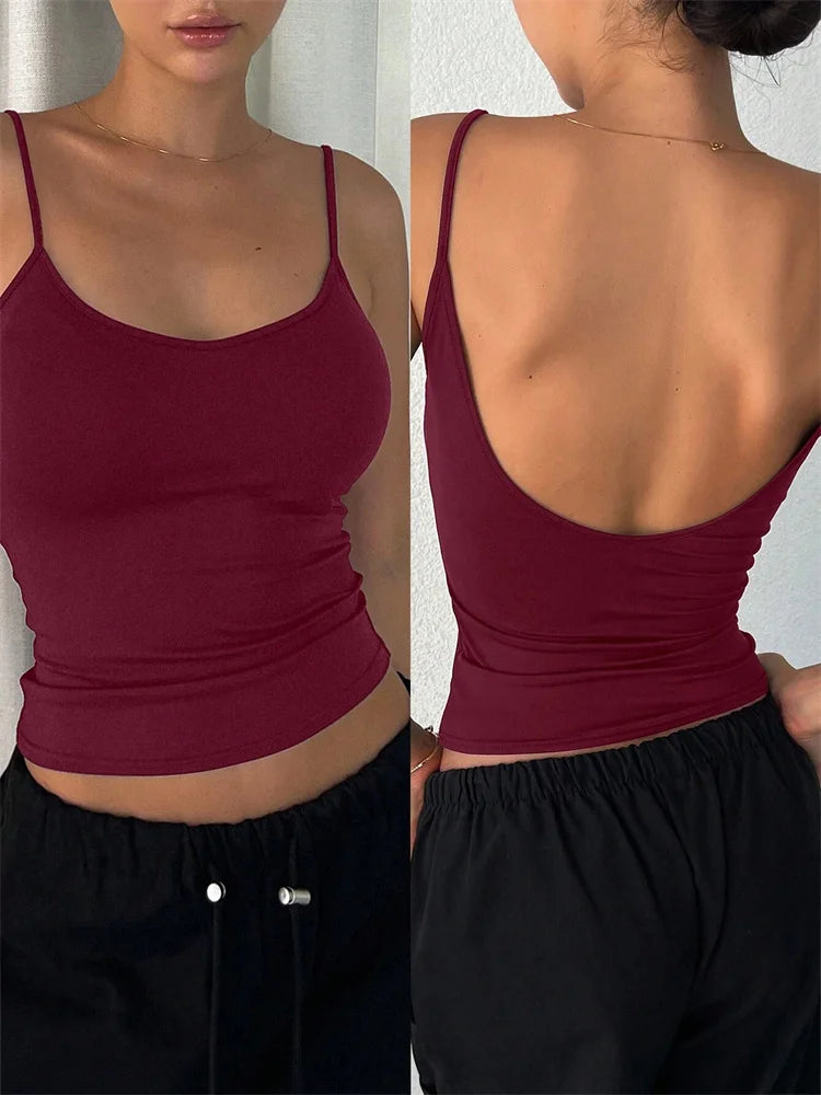 Frauen Backless Cami Crop Top Sommer Einfarbig Casual Ärmelloses Top Streetwear Y2K Kleidung So ist Leben