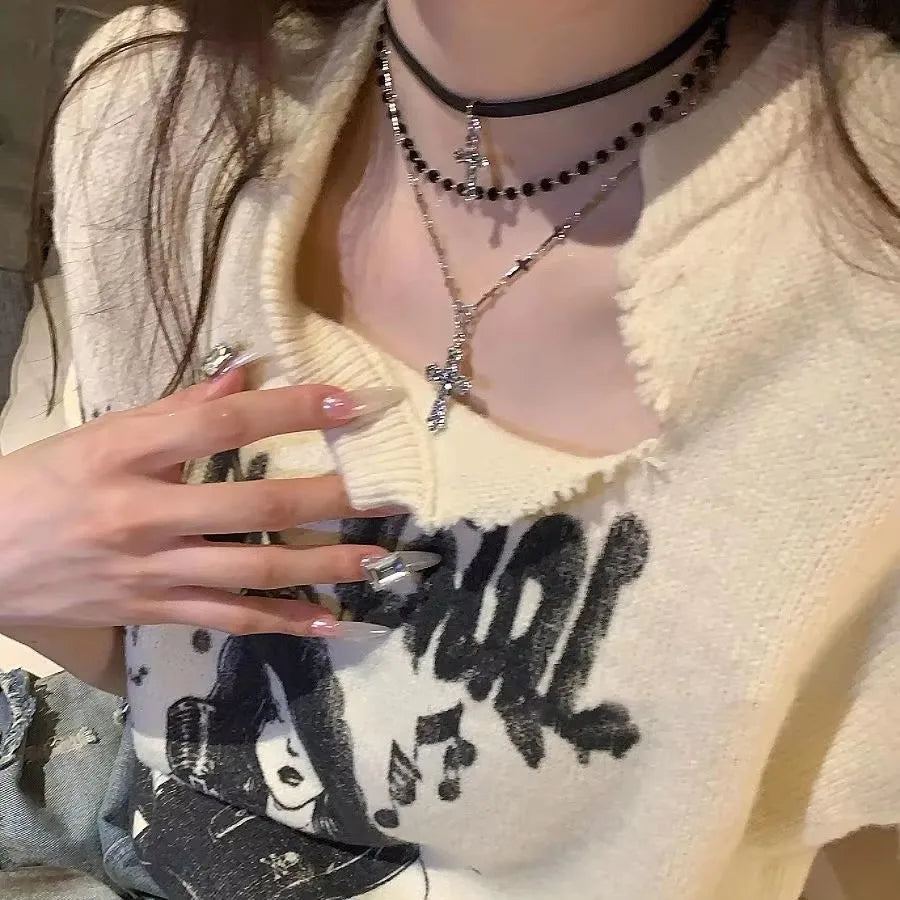 Gothic Y2K Metall Kreuz Anhänger Multi Layer Perlen Halskette Für Frauen Männer Vintage Punk Grunge EMO Charme Schmuck Zubehör Geschenk So ist Leben