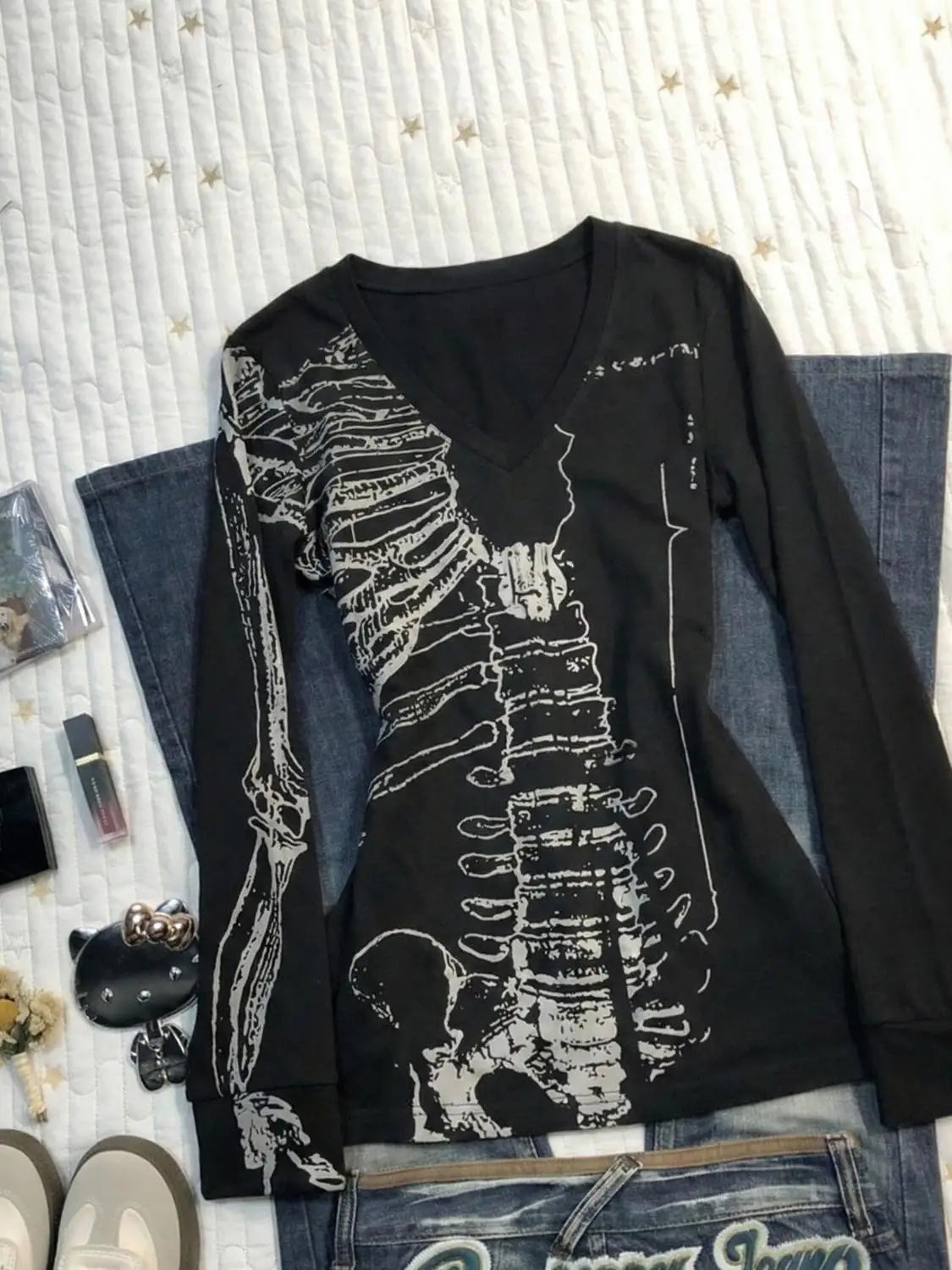 Vintage Totenkopf-Print T-Shirt Y2k 90er Jahre Langarm Goth Punk Ästhetik Harajuku Damenkleidung V-Ausschnitt Slim Hot Girl Grunge Emo Tees So ist Leben