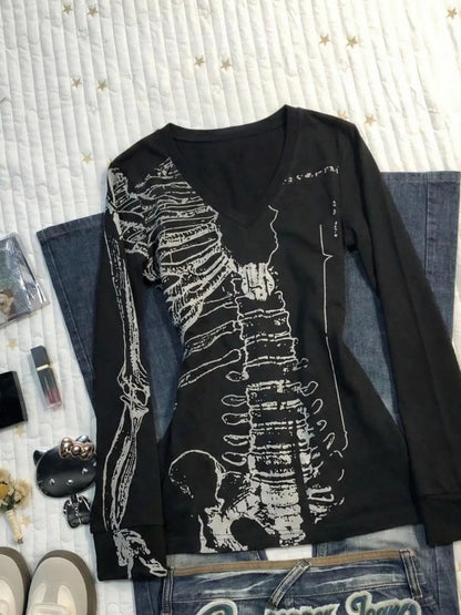 Vintage Totenkopf-Print T-Shirt Y2k 90er Jahre Langarm Goth Punk Ästhetik Harajuku Damenkleidung V-Ausschnitt Slim Hot Girl Grunge Emo Tees So ist Leben