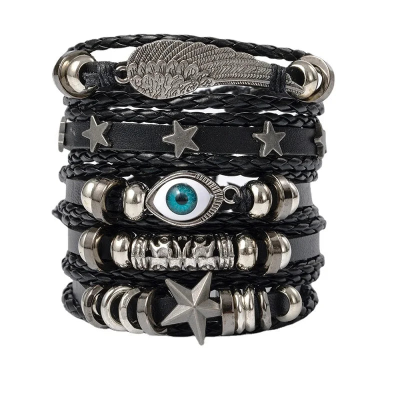 Punk Multilayer Antike Leder Armband Set Schädel Auge Stern Charms Hiphop Rock Y2K Vintage Pu Gothic Armband Mann Goth Schmuck So ist Leben