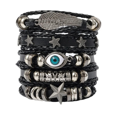 Punk Multilayer Antike Leder Armband Set Schädel Auge Stern Charms Hiphop Rock Y2K Vintage Pu Gothic Armband Mann Goth Schmuck So ist Leben