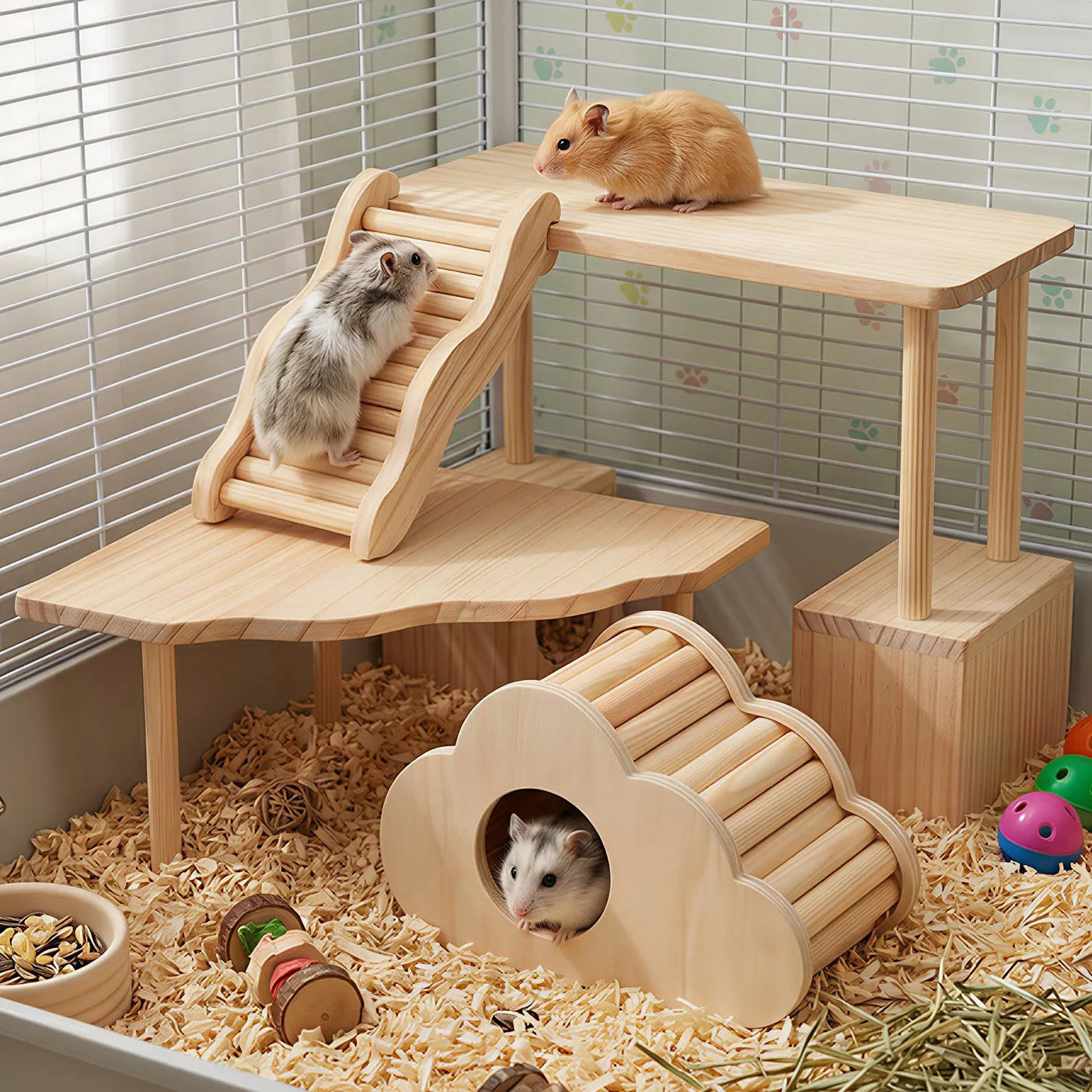 4-teiliges Hamster-Plattform-Set mit Leiter, Versteck, Holzspielhaus und Klettertreppe für Kleintiere wie Hamster, Ratten, Gerbils, Chinchillas und Mäuse So ist Leben