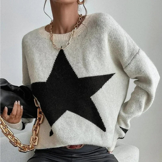 Stern Pullover Pullover Frauen Herbst Frühling Einfache Strick Elastische Pullover Jumper Casual Dicke Warme Schwarz Weiß Grundlegendes Jumper So ist Leben