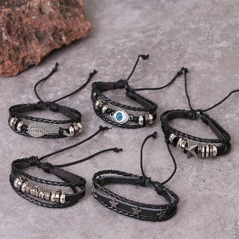 Punk Multilayer Antike Leder Armband Set Schädel Auge Stern Charms Hiphop Rock Y2K Vintage Pu Gothic Armband Mann Goth Schmuck So ist Leben