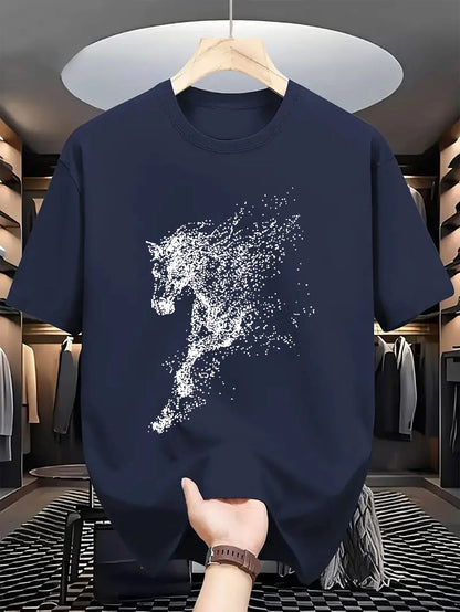 Abstrakter Partikel-Pferdesilhouetten-Druck auf hochwertigem, weichem Herren-T-Shirt aus 100 % Baumwolle, perfekt für Sommer-Streetwear und lässigen Stil So ist Leben