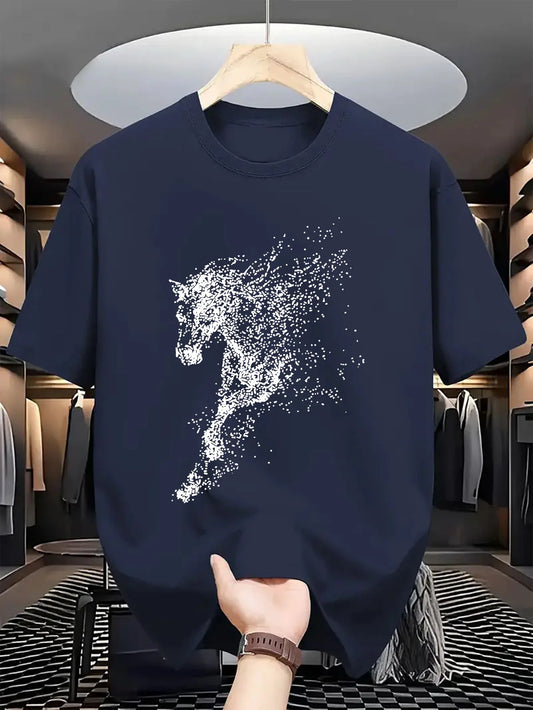 Abstrakter Partikel-Pferdesilhouetten-Druck auf hochwertigem, weichem Herren-T-Shirt aus 100 % Baumwolle, perfekt für Sommer-Streetwear und lässigen Stil So ist Leben