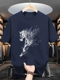 Abstrakter Partikel-Pferdesilhouetten-Druck auf hochwertigem, weichem Herren-T-Shirt aus 100 % Baumwolle, perfekt für Sommer-Streetwear und lässigen Stil So ist Leben