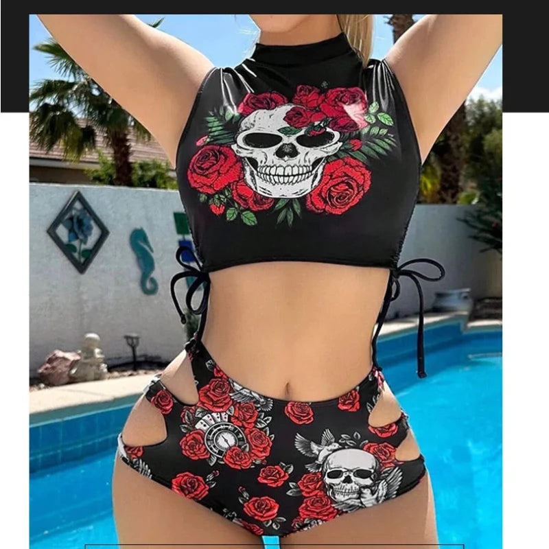 Gothic Floral Skull Bikini Set Sexy Dark Romance Zweiteiliger Edgy Print Badeanzug für Frauen Sommer Hollow Out Höschen Badeanzug Ropa So ist Leben