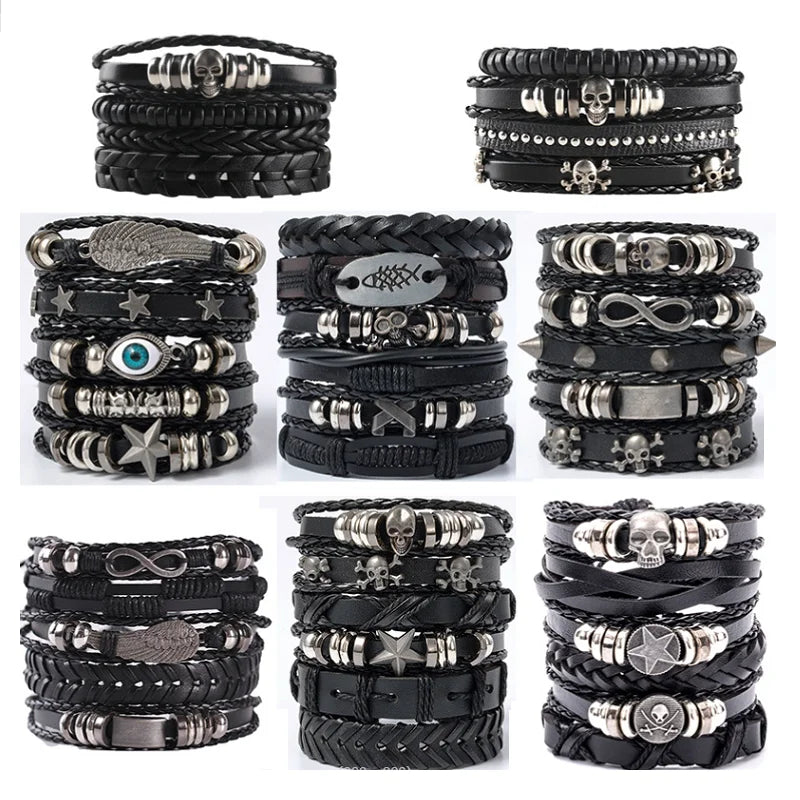 Punk Multilayer Antike Leder Armband Set Schädel Auge Stern Charms Hiphop Rock Y2K Vintage Pu Gothic Armband Mann Goth Schmuck So ist Leben