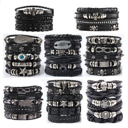 Punk Multilayer Antike Leder Armband Set Schädel Auge Stern Charms Hiphop Rock Y2K Vintage Pu Gothic Armband Mann Goth Schmuck So ist Leben
