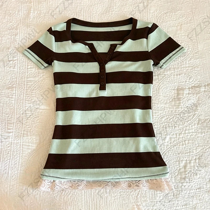 Y2K Süßes rosa Damen-Kurzarmshirt, lässig, schmal geschnitten, schick, zweiteiliges Crop-Top, Harajuku, Vintage, gestreift, Gyaru Streetwear So ist Leben