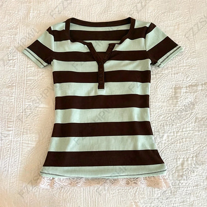 Y2K Süßes rosa Damen-Kurzarmshirt, lässig, schmal geschnitten, schick, zweiteiliges Crop-Top, Harajuku, Vintage, gestreift, Gyaru Streetwear So ist Leben
