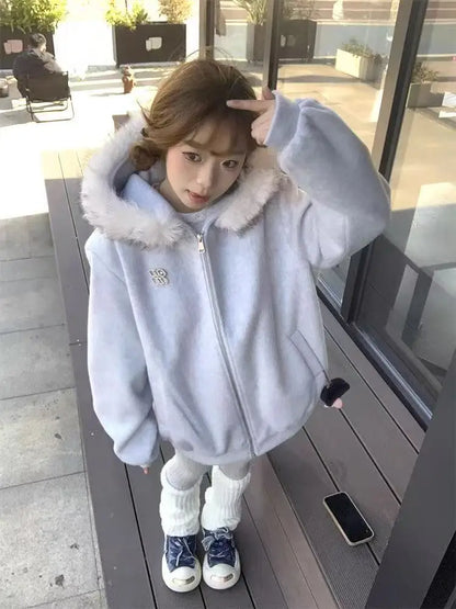 Y2K Winter Neue Blaue Plüsch Baumwolle Gefütterte Jacke Unisex Amerikanische High Street Kapuzenjacke Verdickte Paare Casual Mantel So ist Leben