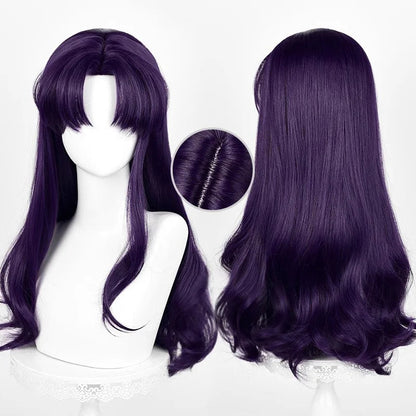 Anime EVA Katsuragi Misato Cosplay Perücke 55 cm Lange Perücke Schwarz Lila Lockiges Haar Hitzebeständige Synthetische Perücken Halloween Party So ist Leben