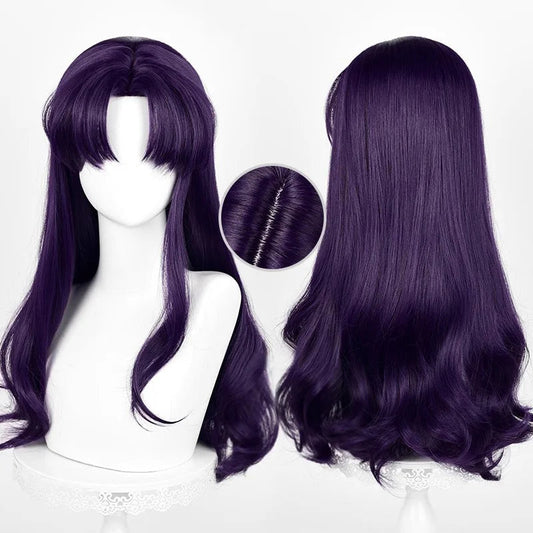 Anime EVA Katsuragi Misato Cosplay Perücke 55 cm Lange Perücke Schwarz Lila Lockiges Haar Hitzebeständige Synthetische Perücken Halloween Party So ist Leben