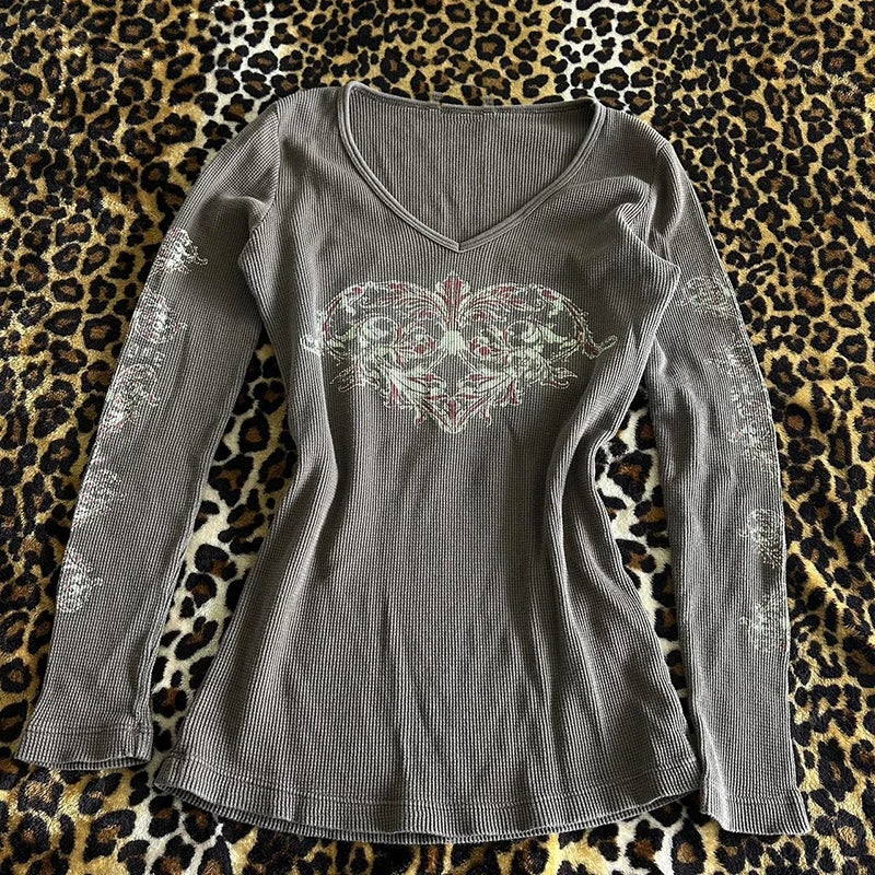 Y2k ästhetische Slim Fit Crop Tops Cyber Grunge Kleidung Grafik Tops Vintage V-Ausschnitt Langarm T-Shirt Herbst Frühling Streetwear So ist Leben