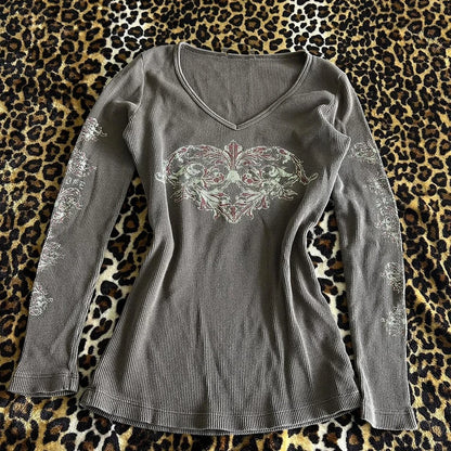 Y2k ästhetische Slim Fit Crop Tops Cyber Grunge Kleidung Grafik Tops Vintage V-Ausschnitt Langarm T-Shirt Herbst Frühling Streetwear So ist Leben