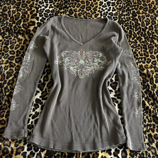 Y2k ästhetische Slim Fit Crop Tops Cyber Grunge Kleidung Grafik Tops Vintage V-Ausschnitt Langarm T-Shirt Herbst Frühling Streetwear So ist Leben
