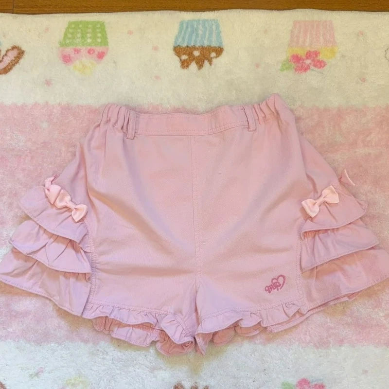 Rosa süße Lolita-Stil Shorts Frauen Sommer Kawaii elastische Taille Rüschen Schleife kurze Hosen Mädchen japanische Y2k ästhetische süße Shorts - So ist Leben