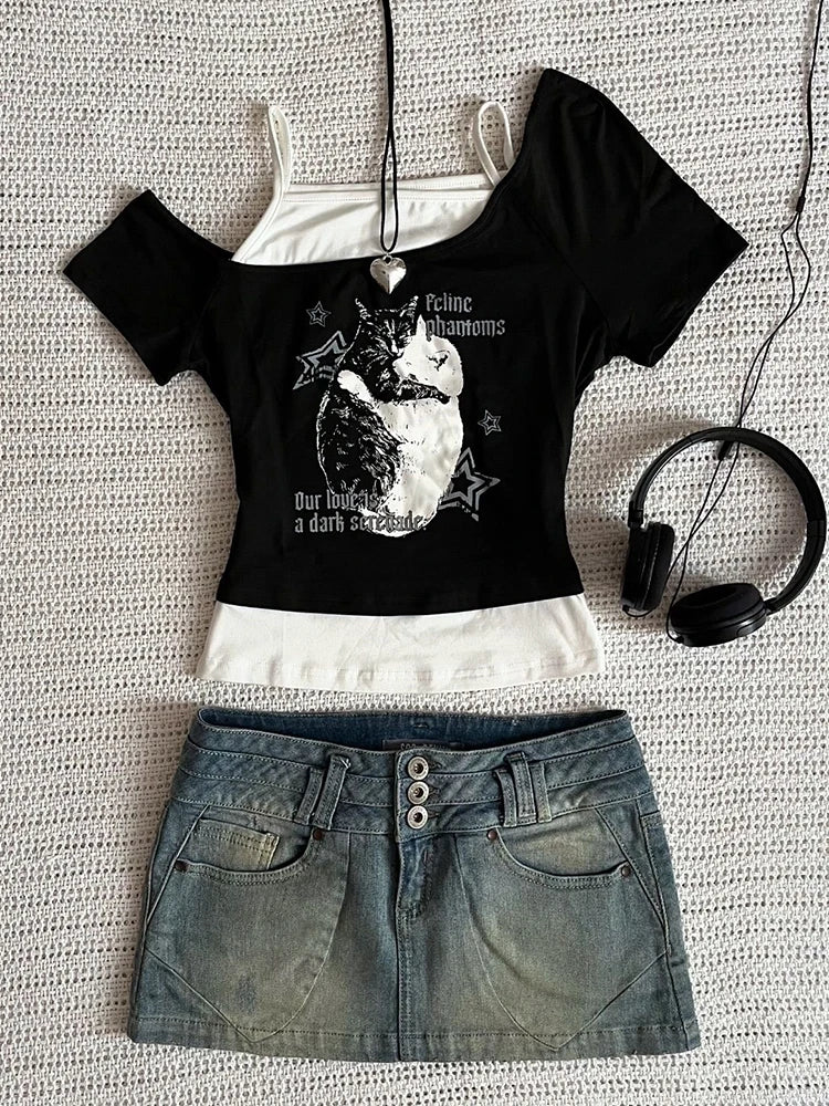 Asthetische Goth Fledermaus Brief Y2K Stil zweitelige T-Shirt Kurzarm Weste Harajuku Streetwear Hosenträger Frauen Kleidung Shirt So ist Leben