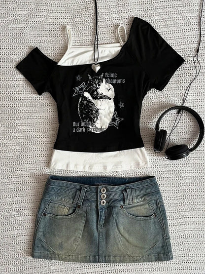 Asthetische Goth Fledermaus Brief Y2K Stil zweitelige T-Shirt Kurzarm Weste Harajuku Streetwear Hosenträger Frauen Kleidung Shirt So ist Leben