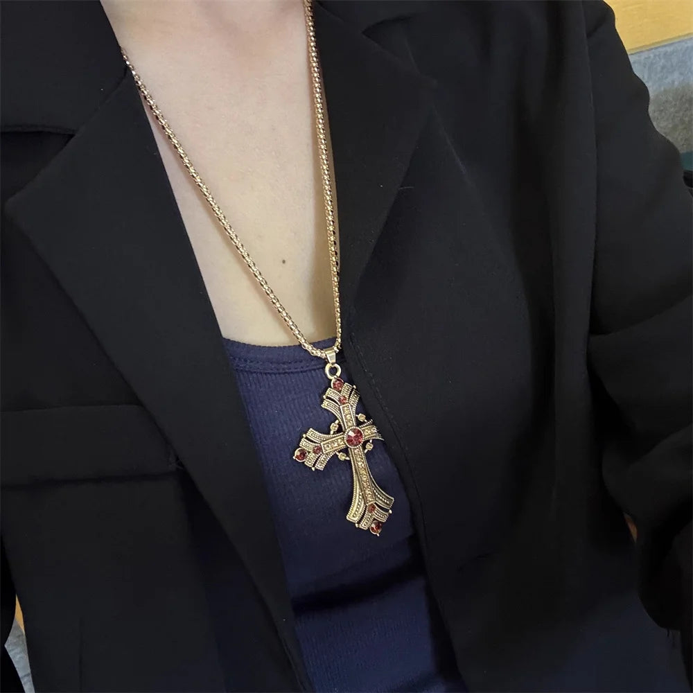 Neue Vintage Gold Kreuz Strass Halskette Y2k Millennium Süße Coole Lange Schlüsselbein Würzige Mädchen Halskette Geschenk So ist Leben