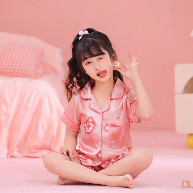 Anime 2Pcs Hallo Kitty Kuromi Kinder Pyjama Sets Sanrios Cartoon Mädchen Eis Seide Revers Kurzarm T-Shirt Tops Hosen pijamas Set