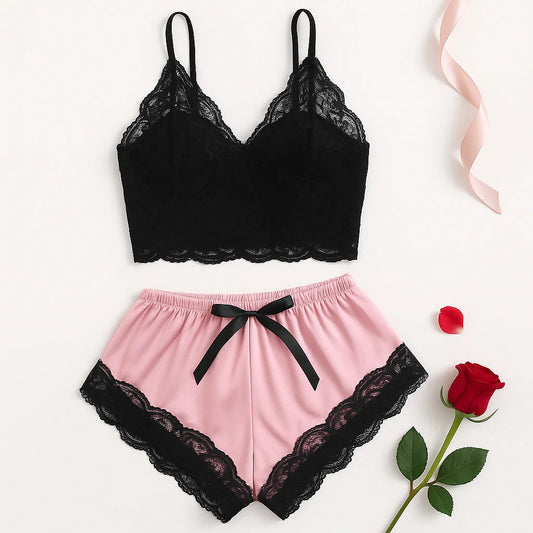 1Damen 2-teiliges sexy Spitzen-Pyjama-Set, durchsichtiges Bralette, Cami-Top und Shorts, atmungsaktive Nachtwäsche, Sommer-Dessous in Übergröße So ist Leben
