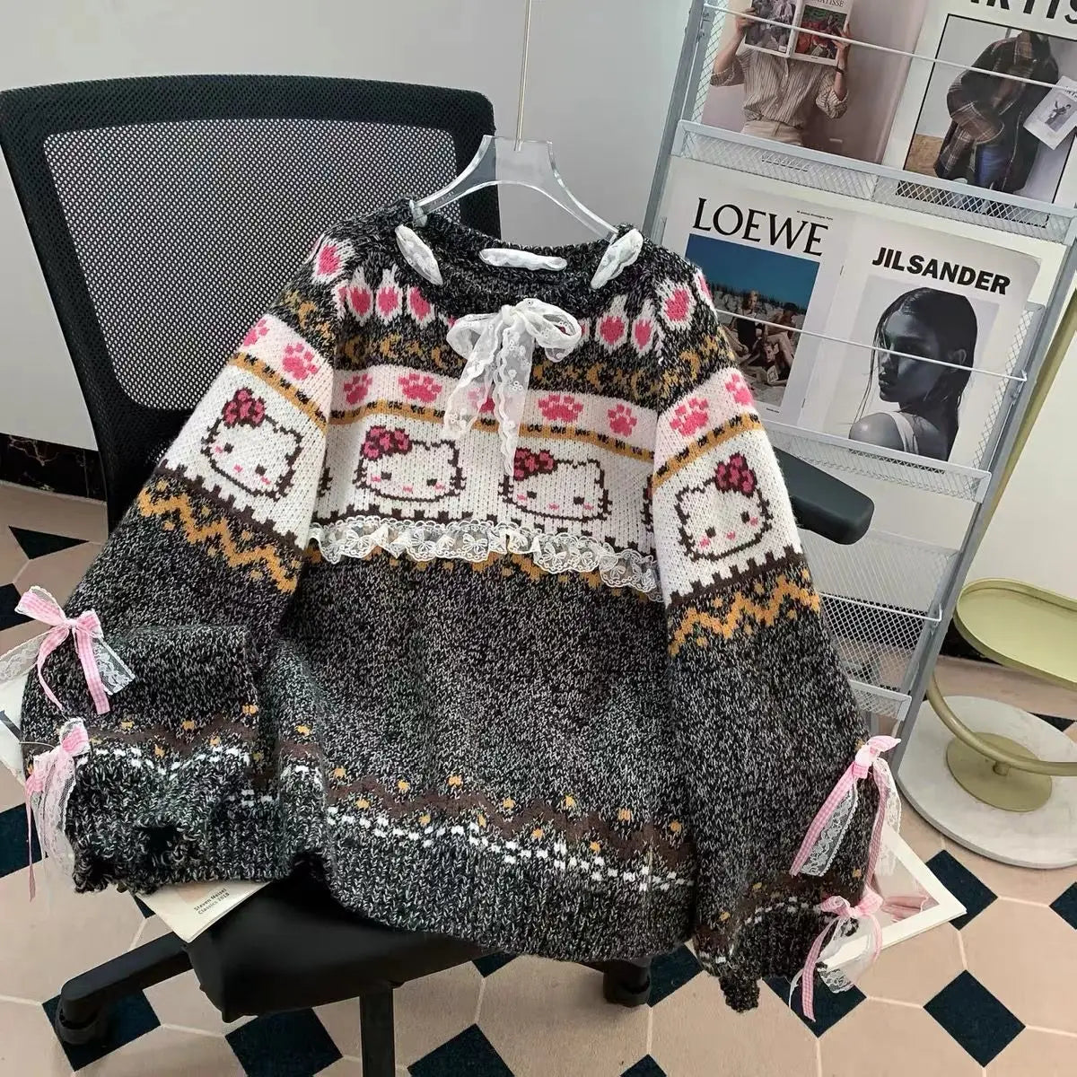 Vintage Hallo Kittys Pullover Herbst Winter Frauen Stricken Langarm Tops Koreanische Mode Rundhals Woolen Pullover Lose Warme So ist Leben