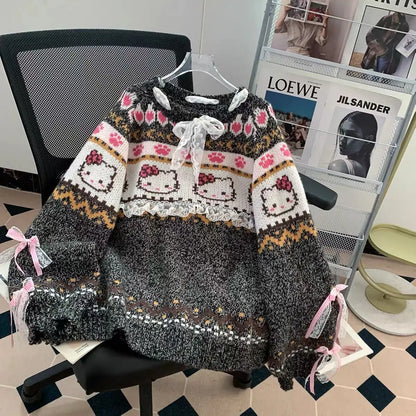Vintage Hallo Kittys Pullover Herbst Winter Frauen Stricken Langarm Tops Koreanische Mode Rundhals Woolen Pullover Lose Warme So ist Leben