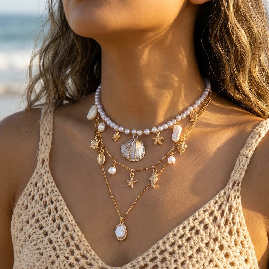 Boho Mehrschichtige Muschel-Seestern-Anhänger-Halskette für Frauen Handgefertigte Perlen-Imitationsperlen-Choker Strandparty-Schmuck Geschenk So ist Leben