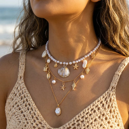Boho Mehrschichtige Muschel-Seestern-Anhänger-Halskette für Frauen Handgefertigte Perlen-Imitationsperlen-Choker Strandparty-Schmuck Geschenk So ist Leben