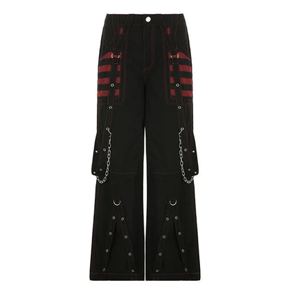 Gothic Frauen Punk Cargo Hosen Dark Academia Ästhetische Hohe Taille Baggy Hosen mit Taschen Grunge Streetwear Y2k So ist Leben