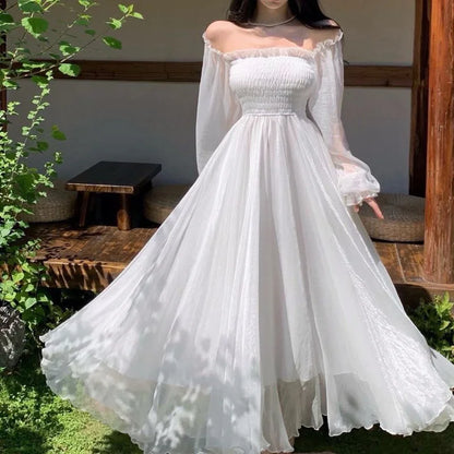 Strandurlaub Partykleid Damen Elegantes Weißes Feenhaftes Chiffon Langes Kleid Damen Süßes Schulterfreies Boho Maxikleid So ist Leben