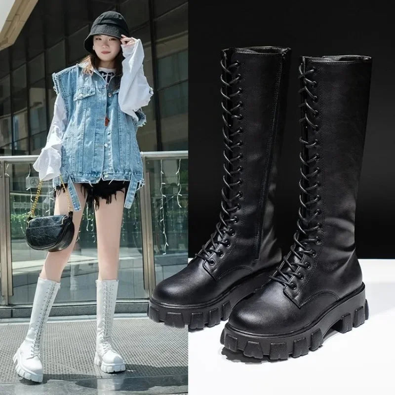Damen-Stiefel mit mittlerer Wade, gepolsterte Schuhe, kniehohe Winter-Sneaker, Punk-Stil, Militär, lässig, Weiß, Schwarz, 2024, luxuriöse Plattform für Damen So ist Leben