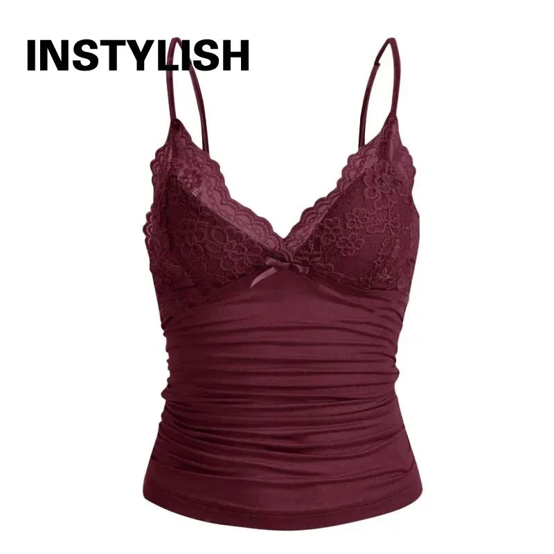 Damen Y2K Spitzen-V-Ausschnitt Spaghetti-Träger Camisole Top Slim Fit Schleife Ärmelloses Tanktop Sommer Sexy Streetwear Lässige Ausgehweste So ist Leben