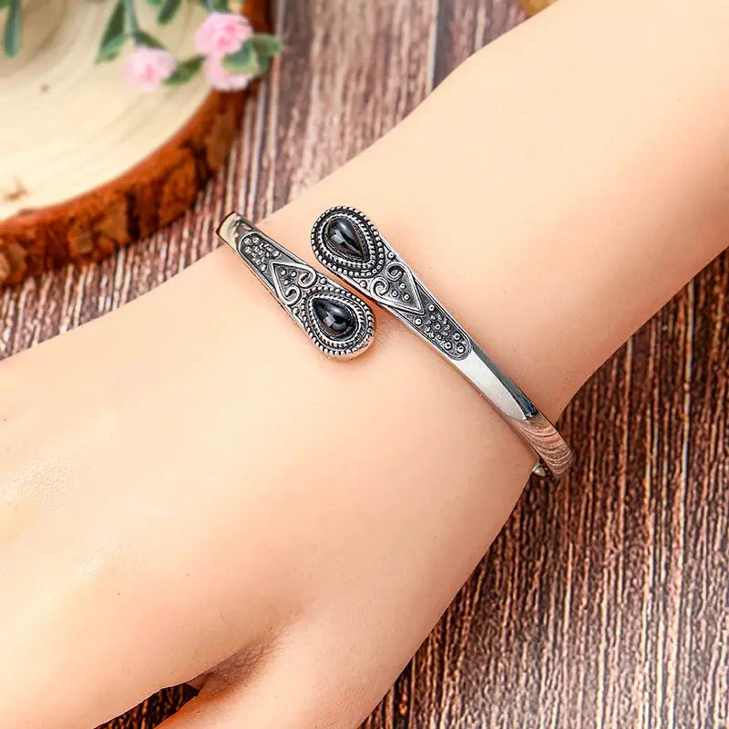 Vintage Ethnischen Stil Intarsien Imitation Naturstein Armband Elegante Offene Einstellbare Manschette Armband Frauen Männer Party Schmuck - So ist Leben