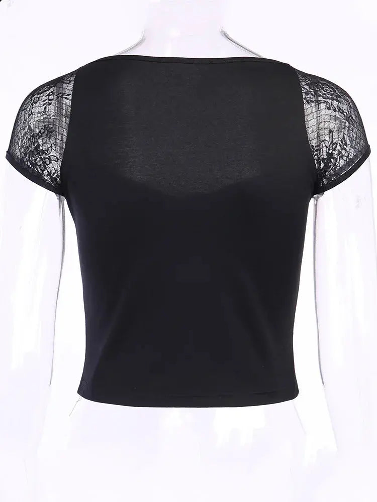 Vintage Tops Goth T-shirt Women Bodycon Bandage Lace Black T-shirts Gothic Streetwear Sexy Female Top Casual Mesh Tee - So ist Leben