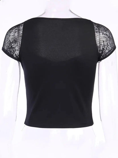 Vintage Tops Goth T-shirt Women Bodycon Bandage Lace Black T-shirts Gothic Streetwear Sexy Female Top Casual Mesh Tee - So ist Leben