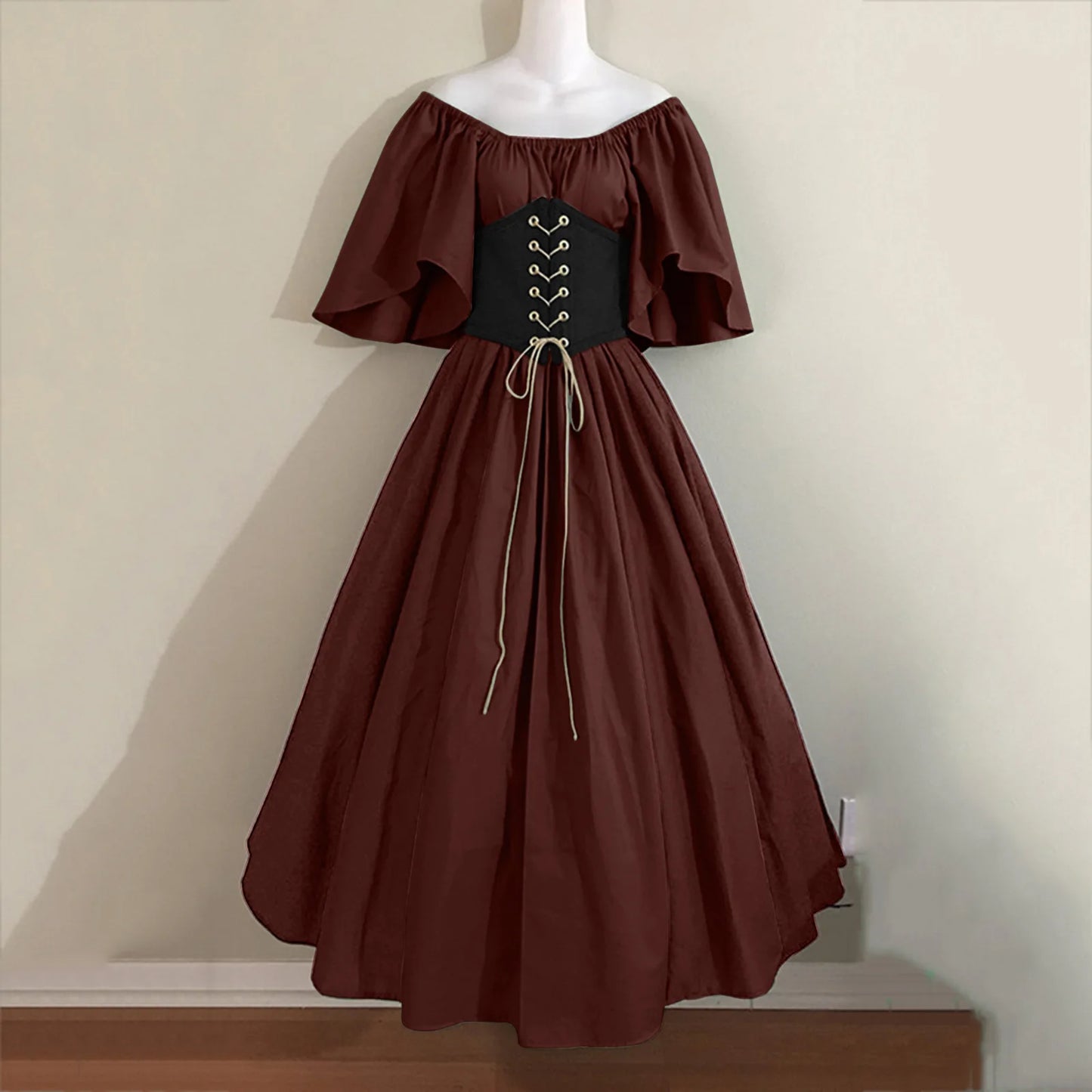 Damen Patchwork Mittelalter Renaissance Kleid Halloween Gothic schulterfreies Retro Langes Kleid So ist Leben
