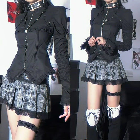 Japanischer Gothic-Lolita-Stil Rock-Sets für Damen, Vintage-Flare-Ärmel, schmales Hemd, dunkler Druck, plissierte Miniröcke, Y2K-Outfits für Frauen So ist Leben