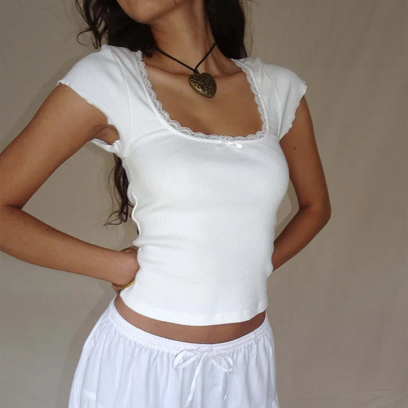 Y2k Vintage Baby T-Shirt Cottage Spitzenbesatz Gestricktes T-Shirt Sommer Square Neck Kurzarm T-Shirt Damen Weiß Milkmaid Crop Top So ist Leben