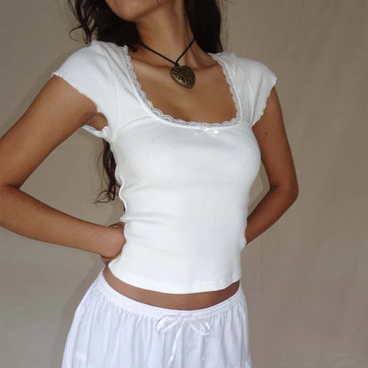 Y2k Vintage Baby T-Shirt Cottage Spitzenbesatz Gestricktes T-Shirt Sommer Square Neck Kurzarm T-Shirt Damen Weiß Milkmaid Crop Top So ist Leben