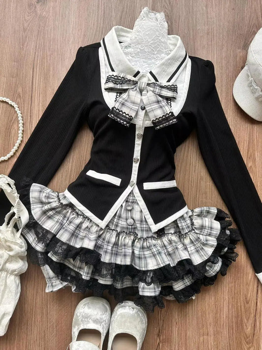 Vintage 2 Stück Herbst Kleidung Y2k Harajuku Spitze Gitter Rock Mädchen Kleider Adrette Mode Koreanische Bogen Frauen T-Shirt Kleid Elegant So ist Leben