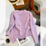 Weicher lila Strickpullover für Damen, 2025, neuer Frühling und Herbst, einreihig, O-Ausschnitt, kurze Strickjacke, Langarm-Tops So ist Leben
