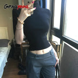 Genayooa Y2k Vintage T-shirt Frauen Drei Viertel Solid Black Crop Tops Schlank Rollkragen T-shirts Streetwear Japanische 2000er Jahre Tops So ist Leben