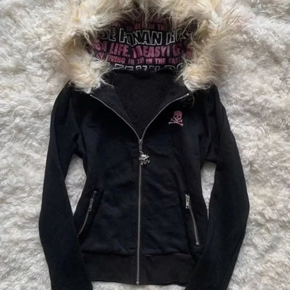 High Street Retro Damen mit Kapuze Winter neuer Artikel Harajuku multifunktionale langärmelige Wolle warmer Reißverschluss Gothic Y2K langärmelig So ist Leben