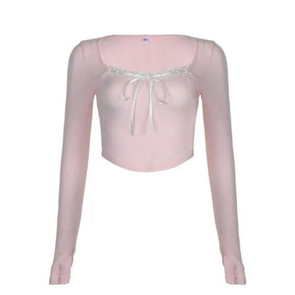 Mooyu süße Bandage-Schleife, abgeschnittenes Top, rosa, süße Kokette, süße T-Shirts, Herbst, Frühling, lässig, quadratischer Kragen, T-Shirts für Damen, y2k-Ästhetik - So ist Leben