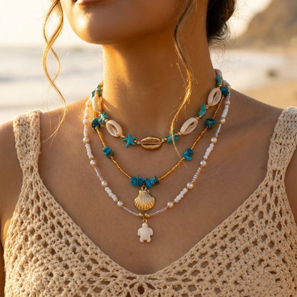 Böhmische Vintage Muschel Seestern Schildkröte Mehrschichtige Halskette für Frauen Ethnische Handgemachte Blaue Perlenketten Sommer Strand Schmuck So ist Leben